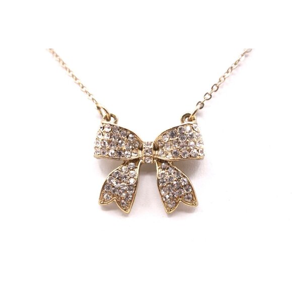 Rhinestone Sparkling Bow Pendant Necklace Gold Tone Vintage Delicate 18" - Picture 5 of 12